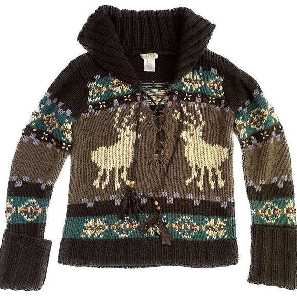 LaROK Woodsman Beaded Lace Up Reindeer Wool Sweater aso Jessica Simpson S - Picture 1 of 16